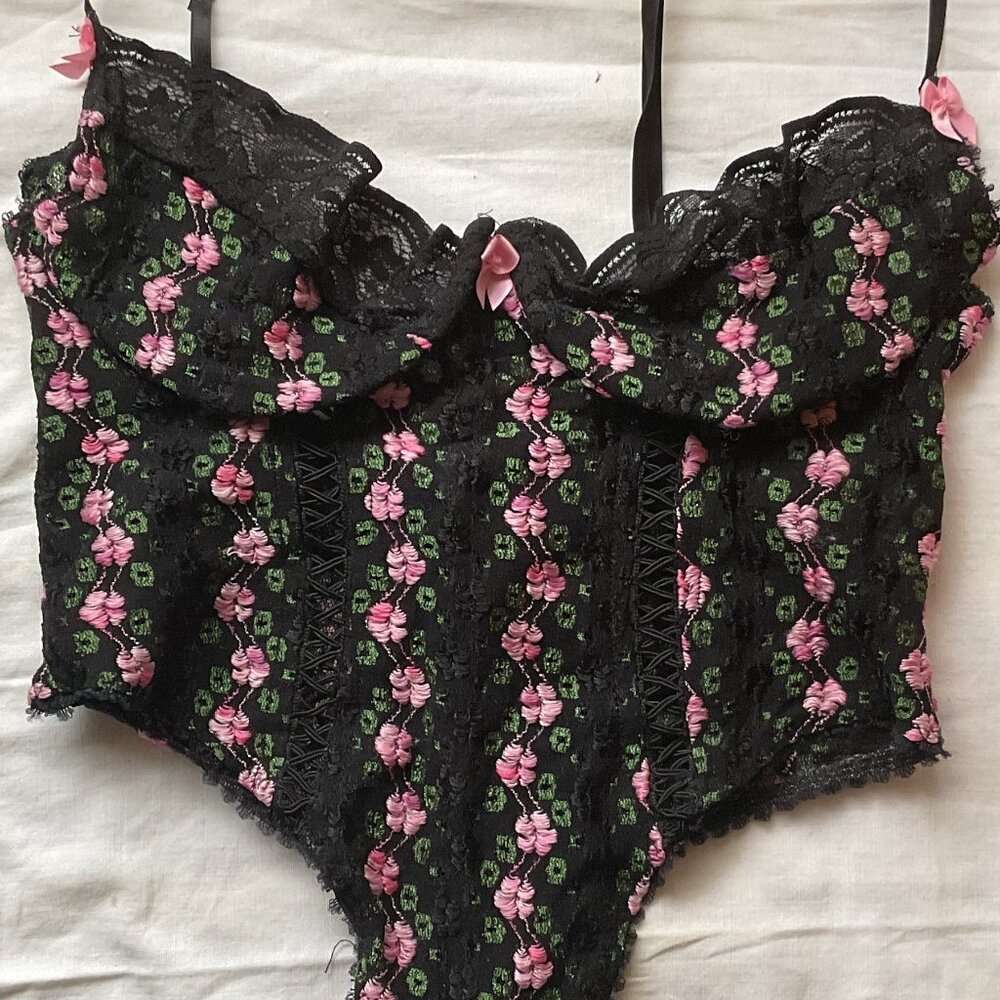 Lace teddy body suit Black mesh with pink embroidered flowers stretch Lace